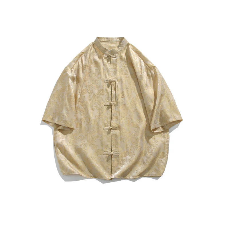 Buddha Stones Camicia da uomo estiva con motivo a foglie di vite e fiori, a mezza manica, con bottoni a rana - Image 15