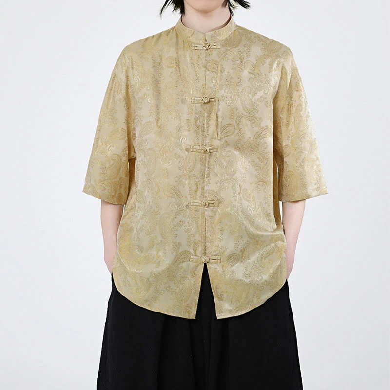 Buddha Stones Camicia da uomo estiva con motivo a foglie di vite e fiori, a mezza manica, con bottoni a rana - Image 9