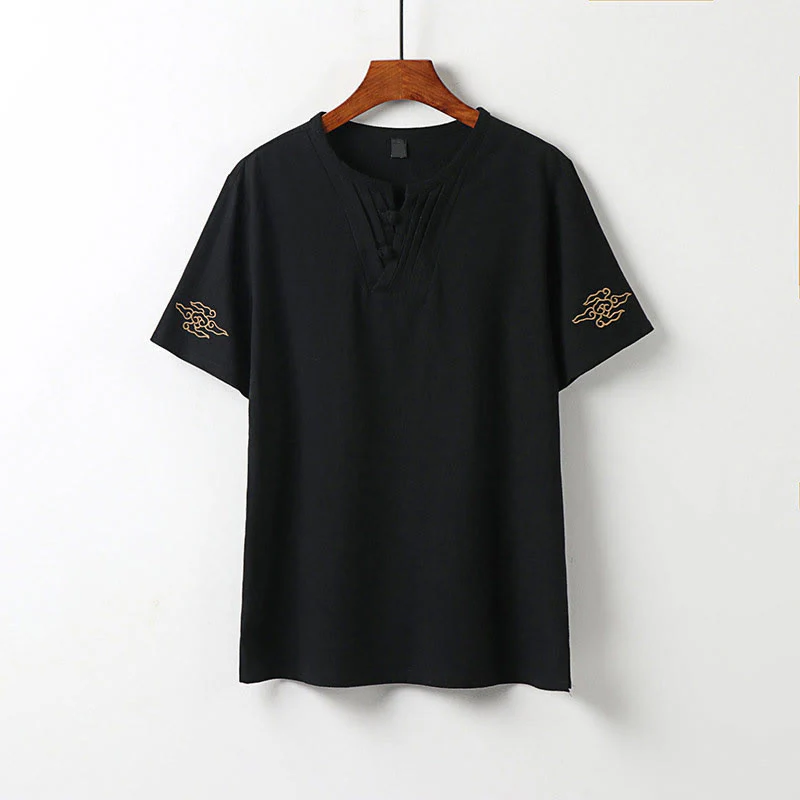 Buddha Stones Camicia da uomo estiva in cotone e lino con scollo a V, bottoni a rana, maniche corte, ricamo nuvole - Image 12