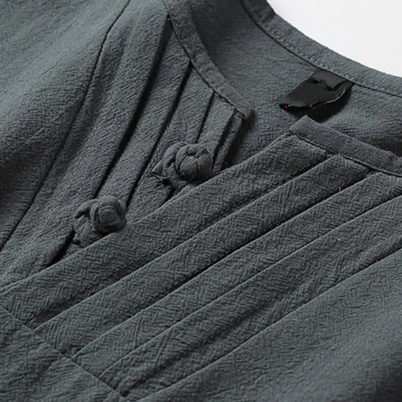 Buddha Stones Camicia da uomo estiva in cotone e lino con scollo a V, bottoni a rana, maniche corte, ricamo nuvole - Image 6