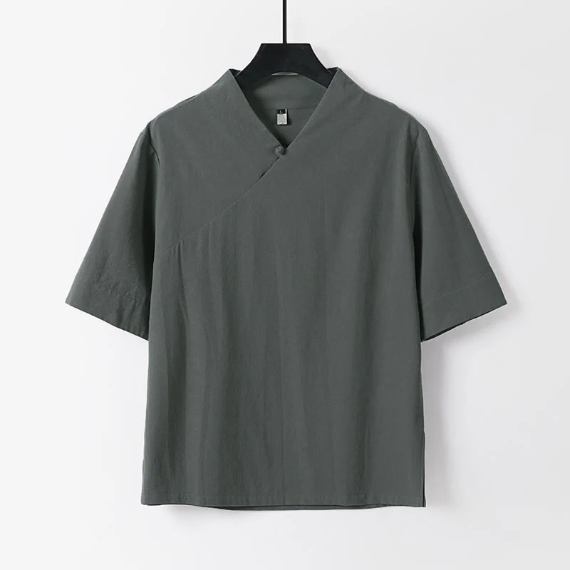 Buddha Stones Camicia da uomo estiva semplice in cotone e lino con scollo a V e maniche corte