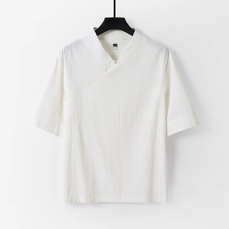 Buddha Stones Camicia da uomo estiva semplice in cotone e lino con scollo a V e maniche corte - Image 12