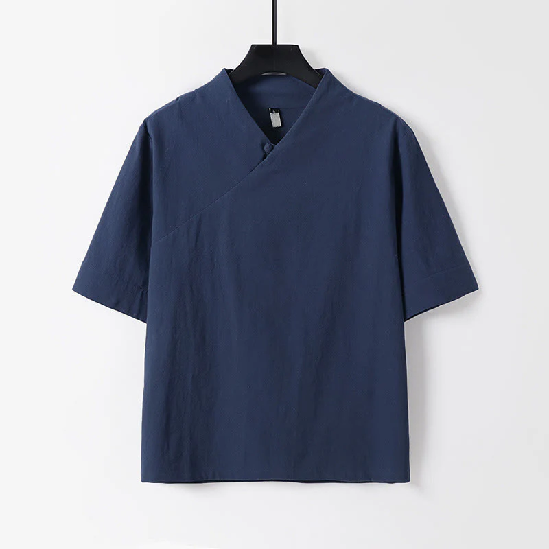 Buddha Stones Camicia da uomo estiva semplice in cotone e lino con scollo a V e maniche corte - Image 3