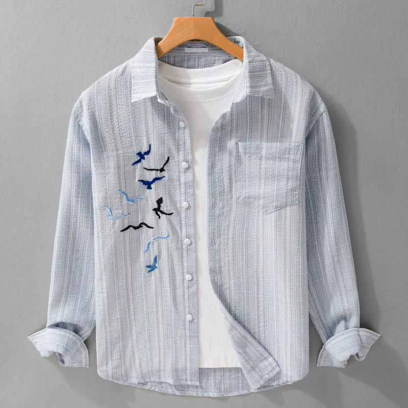 Buddha Stones Camicia da uomo in cotone a maniche lunghe con motivo a righe e ricamo di uccelli e tasca