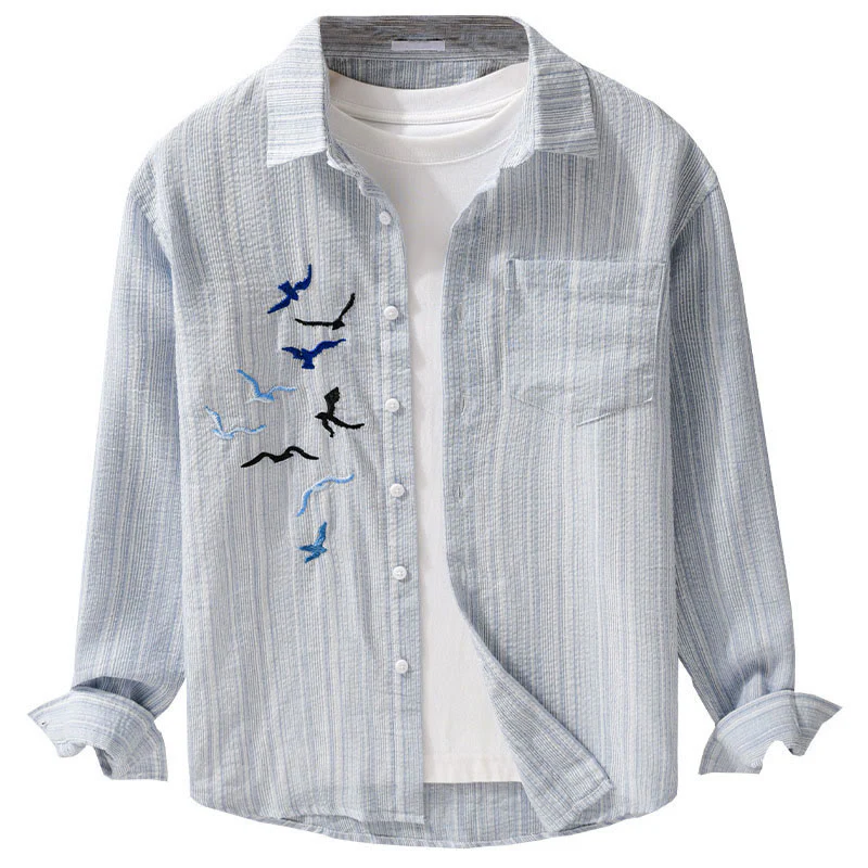 Buddha Stones Camicia da uomo in cotone a maniche lunghe con motivo a righe e ricamo di uccelli e tasca - Image 14