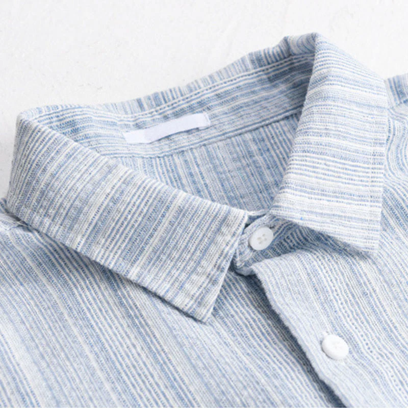 Buddha Stones Camicia da uomo in cotone a maniche lunghe con motivo a righe e ricamo di uccelli e tasca - Image 5