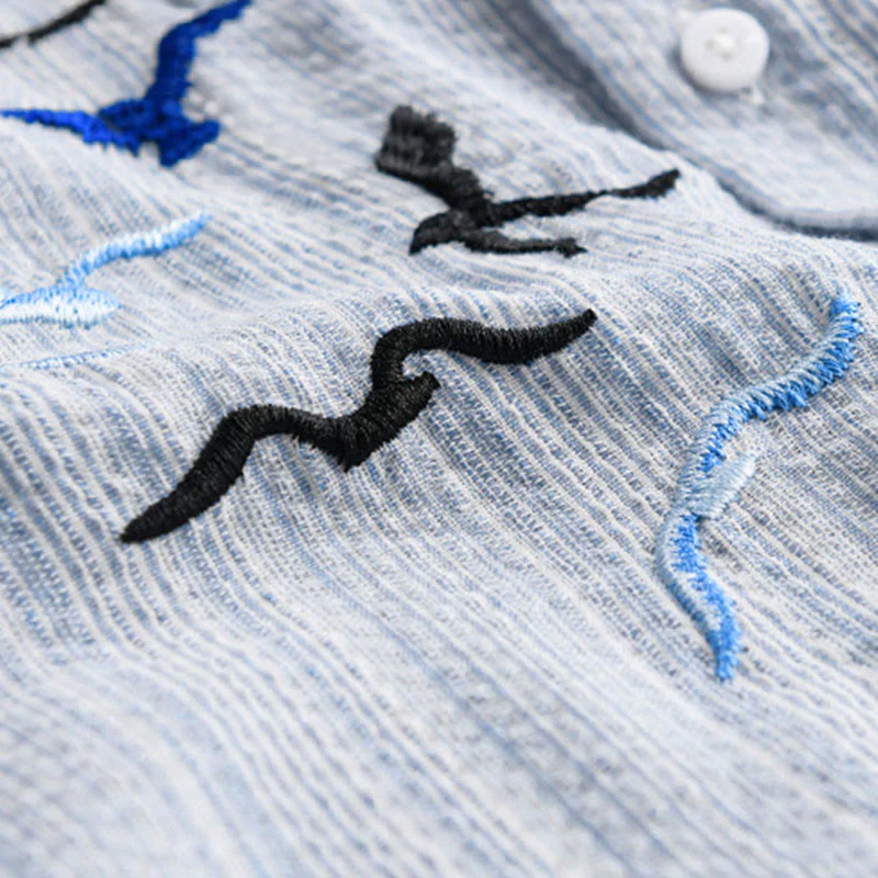 Buddha Stones Camicia da uomo in cotone a maniche lunghe con motivo a righe e ricamo di uccelli e tasca - Image 8