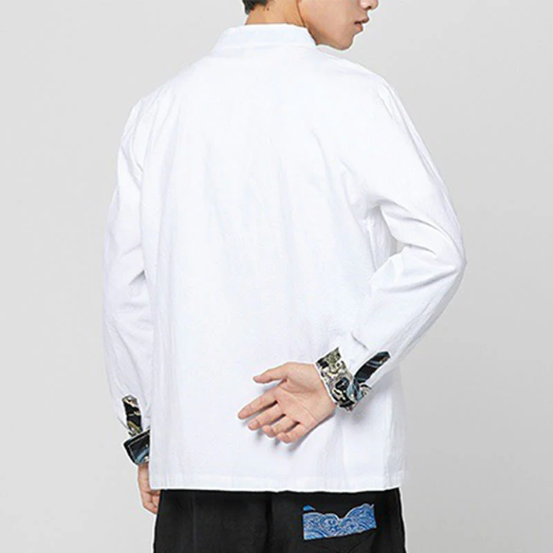 Buddha Stones Camicia da uomo in cotone a maniche lunghe con polsini e motivo a drago e bottoni a rana - Image 12