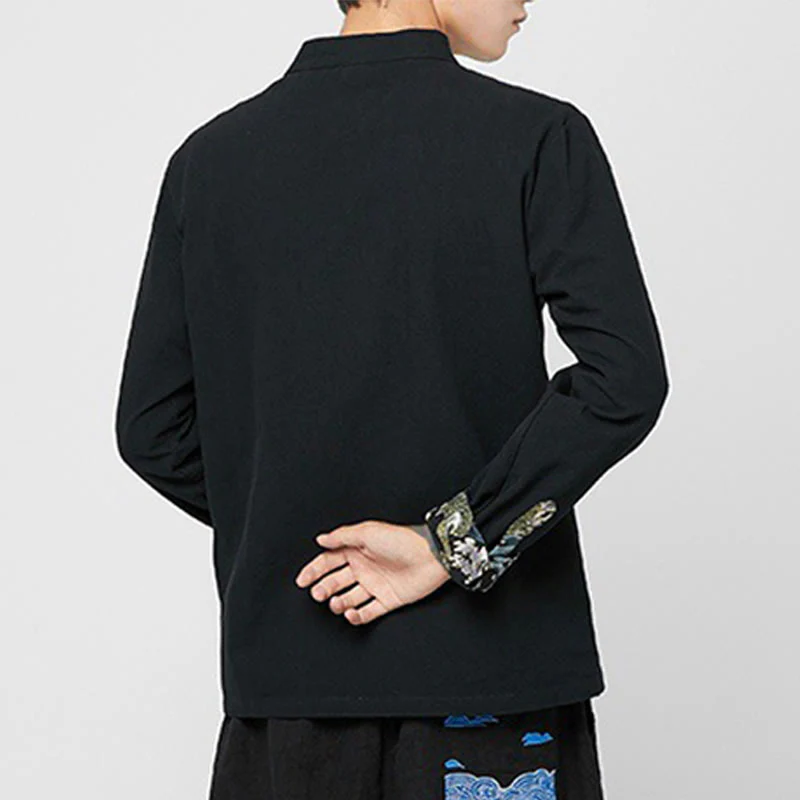 Buddha Stones Camicia da uomo in cotone a maniche lunghe con polsini e motivo a drago e bottoni a rana - Image 19
