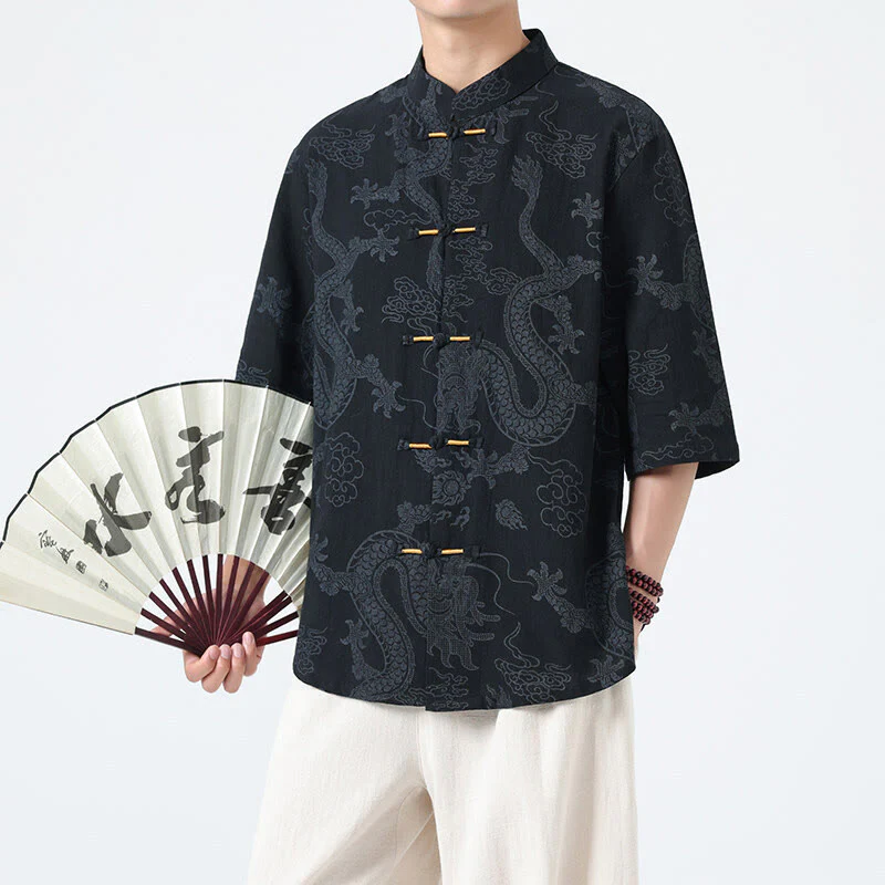 Buddha Stones Camicia da uomo in cotone a mezza manica con bottoni a rana, motivo nuvole di buon auspicio e drago estivo