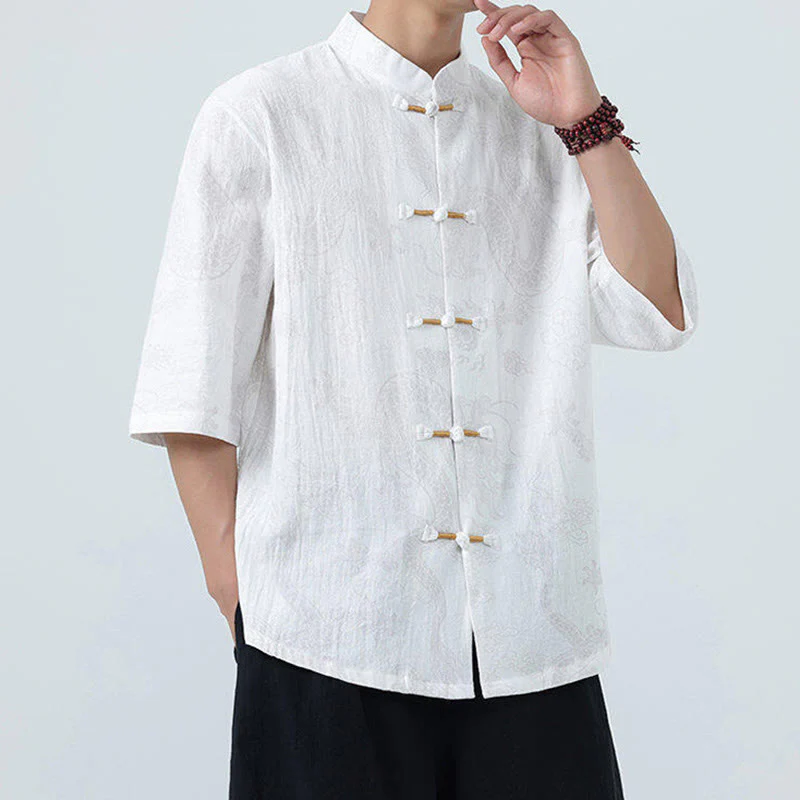 Buddha Stones Camicia da uomo in cotone a mezza manica con bottoni a rana, motivo nuvole di buon auspicio e drago estivo - Image 18
