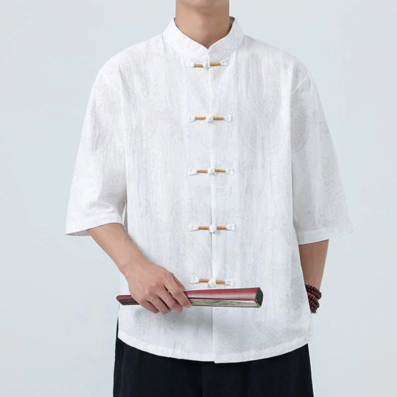 Buddha Stones Camicia da uomo in cotone a mezza manica con bottoni a rana, motivo nuvole di buon auspicio e drago estivo - Image 20