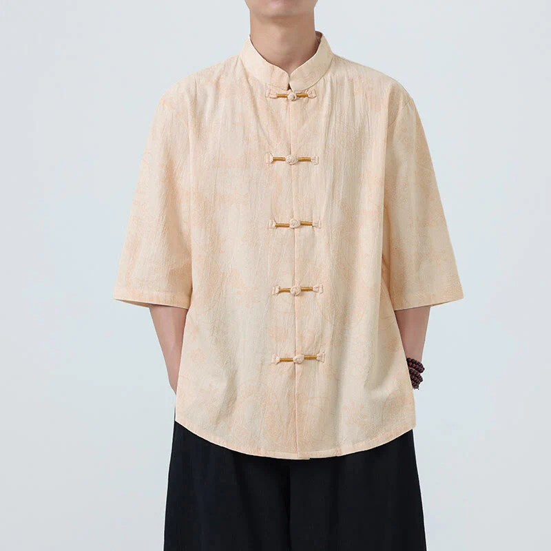 Buddha Stones Camicia da uomo in cotone a mezza manica con bottoni a rana, motivo nuvole di buon auspicio e drago estivo - Image 8