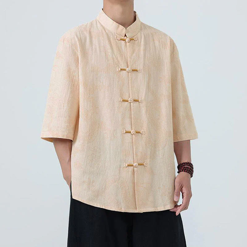 Buddha Stones Camicia da uomo in cotone a mezza manica con bottoni a rana, motivo nuvole di buon auspicio e drago estivo - Image 9
