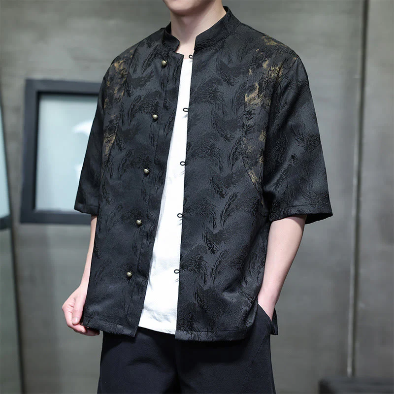 Buddha Stones Camicia da uomo in cotone a mezza manica con bottoni e motivo Bagua in jacquard testurizzato - Image 11