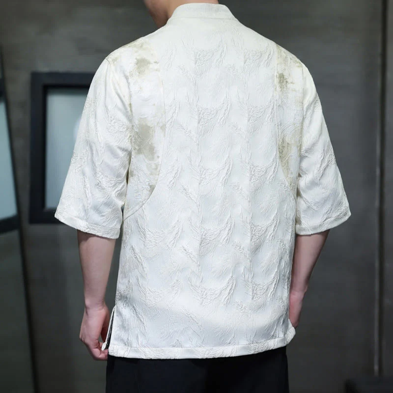 Buddha Stones Camicia da uomo in cotone a mezza manica con bottoni e motivo Bagua in jacquard testurizzato - Image 3
