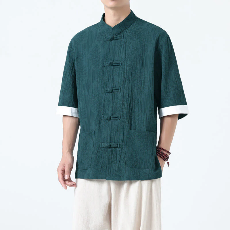 Buddha Stones Camicia da uomo in cotone con maniche corte, bottoni a rana e tasche, modello estivo con fiori e erba - Image 16