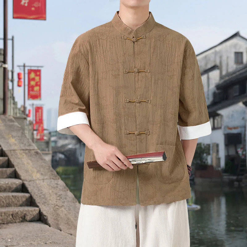 Buddha Stones Camicia da uomo in cotone con maniche corte, bottoni a rana e tasche, modello Summer Crane Pine Tree Tang Suit - Image 10
