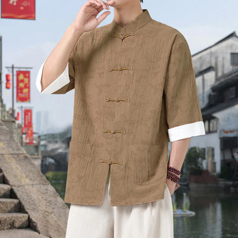 Buddha Stones Camicia da uomo in cotone con maniche corte, bottoni a rana e tasche, modello Summer Crane Pine Tree Tang Suit - Image 12