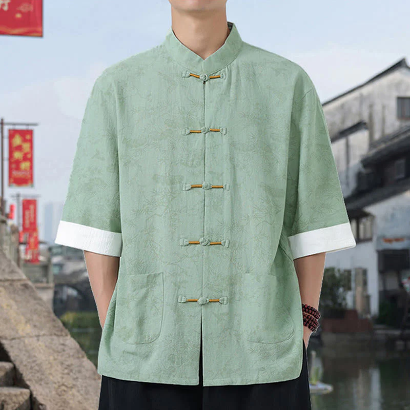 Buddha Stones Camicia da uomo in cotone con maniche corte, bottoni a rana e tasche, modello Summer Crane Pine Tree Tang Suit - Image 14