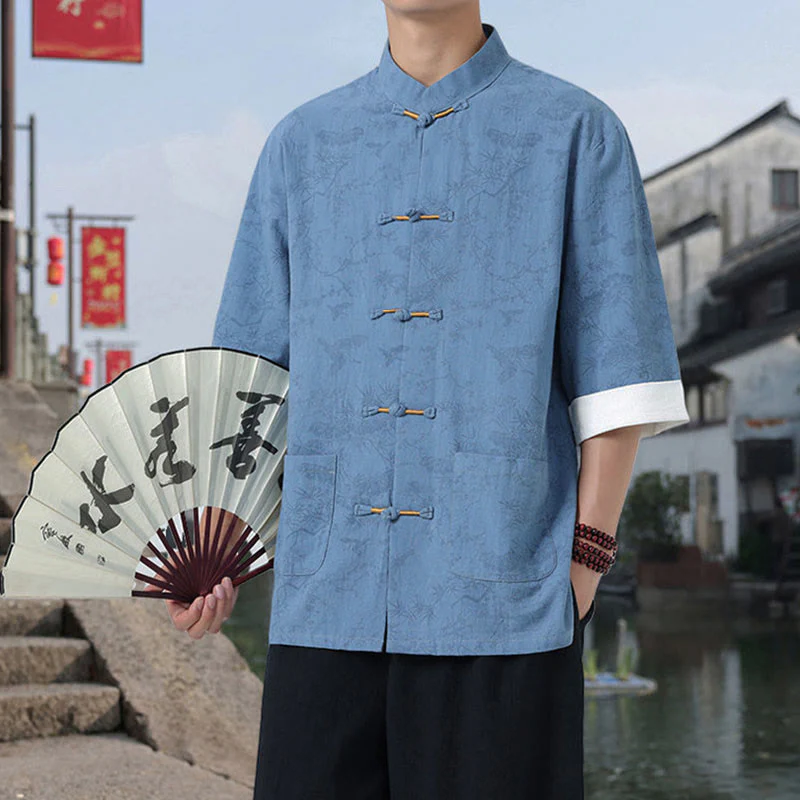Buddha Stones Camicia da uomo in cotone con maniche corte, bottoni a rana e tasche, modello Summer Crane Pine Tree Tang Suit - Image 16