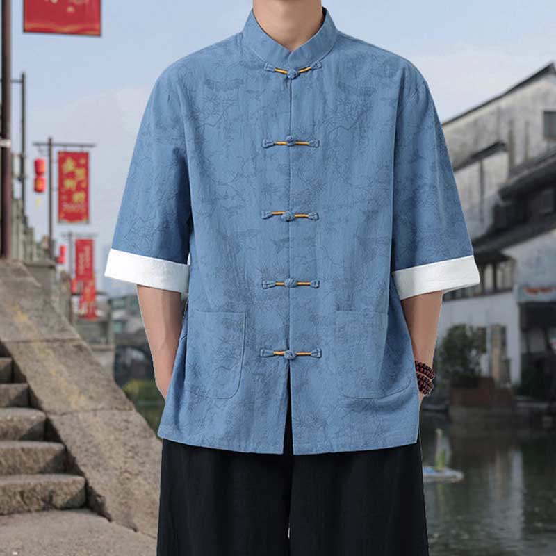 Buddha Stones Camicia da uomo in cotone con maniche corte, bottoni a rana e tasche, modello Summer Crane Pine Tree Tang Suit - Image 17