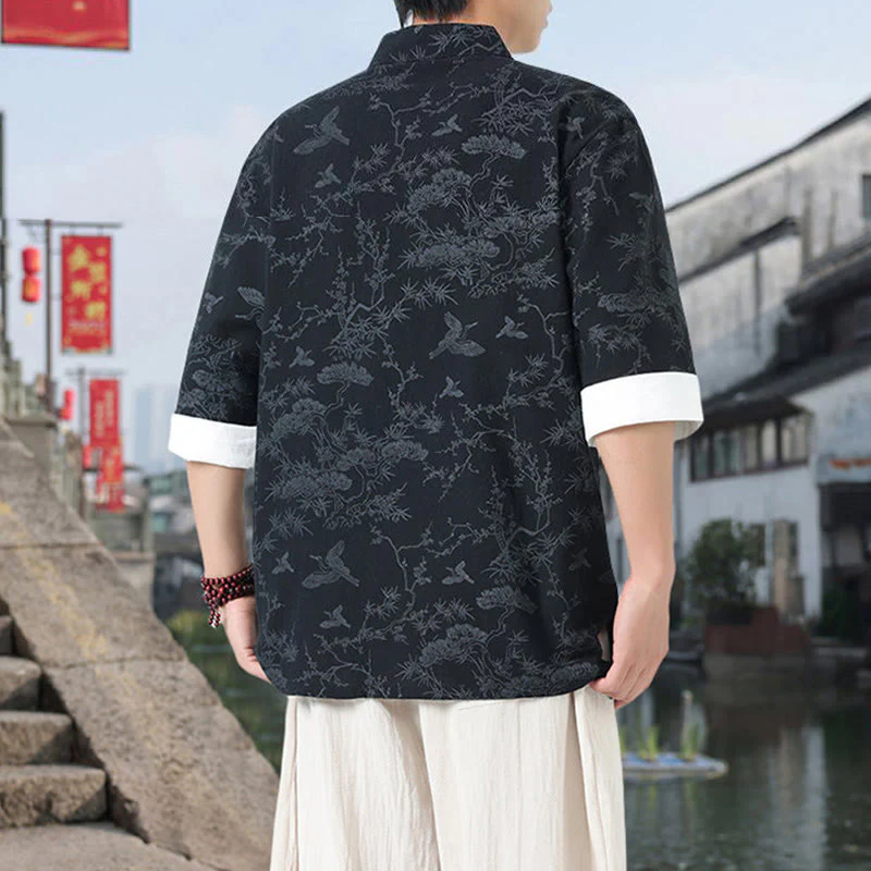 Buddha Stones Camicia da uomo in cotone con maniche corte, bottoni a rana e tasche, modello Summer Crane Pine Tree Tang Suit - Image 2