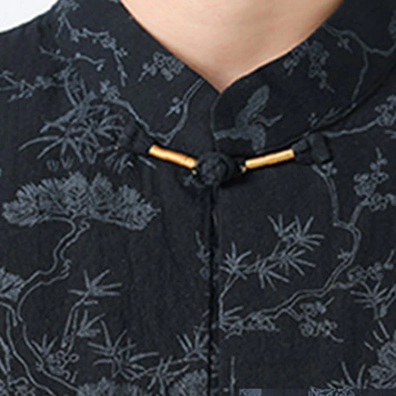 Buddha Stones Camicia da uomo in cotone con maniche corte, bottoni a rana e tasche, modello Summer Crane Pine Tree Tang Suit - Image 4