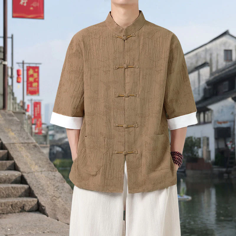 Buddha Stones Camicia da uomo in cotone con maniche corte, bottoni a rana e tasche, modello Summer Crane Pine Tree Tang Suit - Image 8