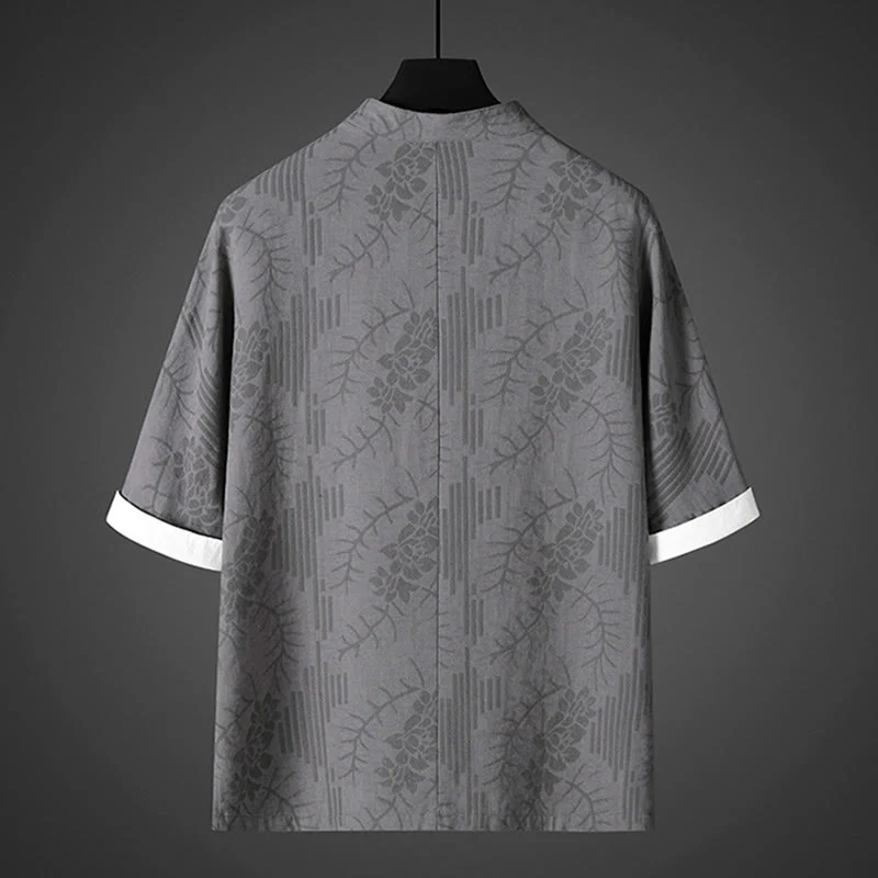 Buddha Stones Camicia da uomo in cotone con motivo floreale e maniche corte con bottoni a rana - Image 2