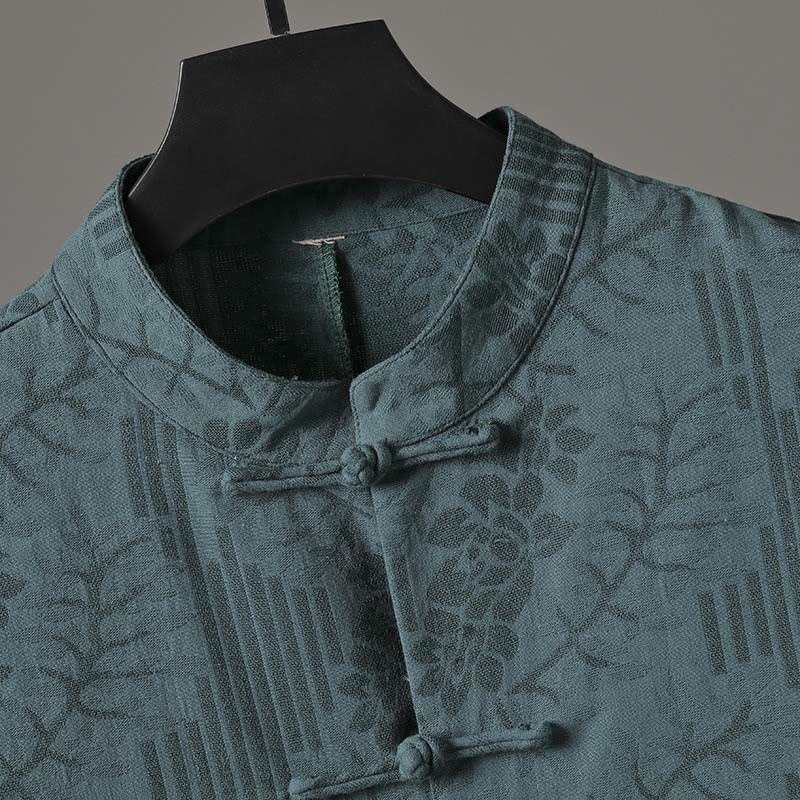 Buddha Stones Camicia da uomo in cotone con motivo floreale e maniche corte con bottoni a rana - Image 7