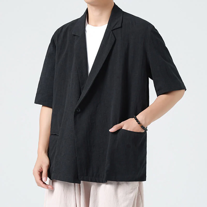 Buddha Stones Camicia da uomo in cotone e lino, a maniche corte, con colletto asimmetrico e tasche, modello primaverile - Image 13