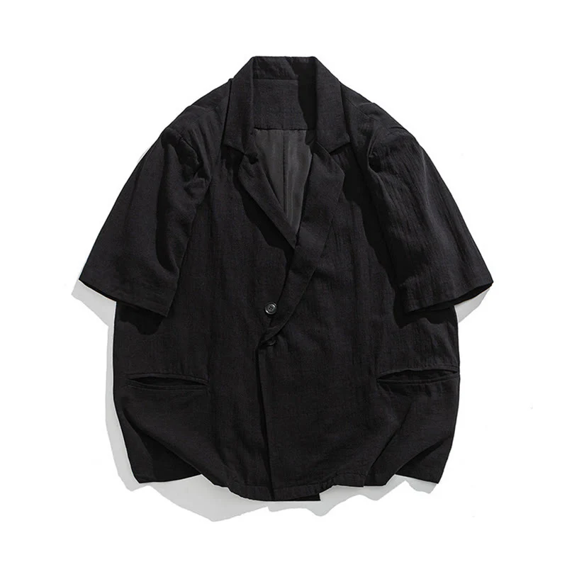 Buddha Stones Camicia da uomo in cotone e lino, a maniche corte, con colletto asimmetrico e tasche, modello primaverile - Image 18
