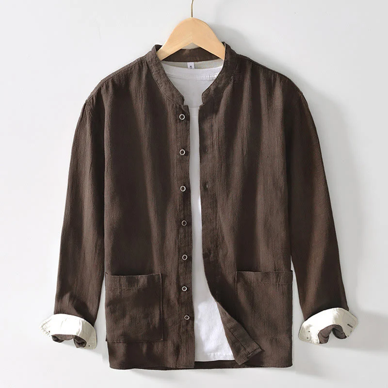 Buddha Stones Camicia da uomo in cotone ramiè con tasche e bottoni, a maniche lunghe, tinta unita autunnale - Image 11