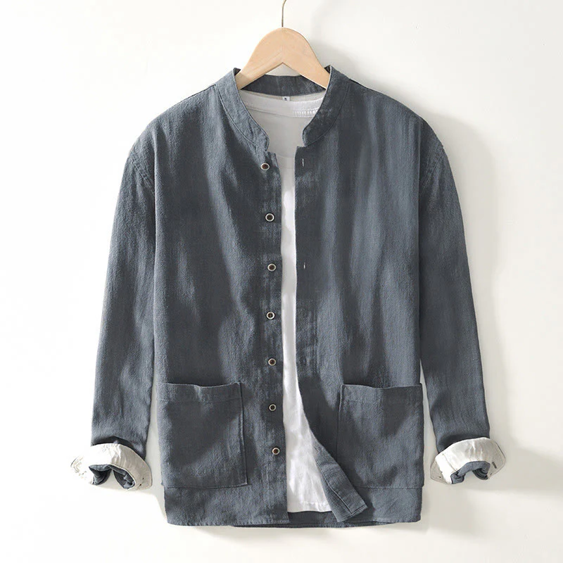 Buddha Stones Camicia da uomo in cotone ramiè con tasche e bottoni, a maniche lunghe, tinta unita autunnale - Image 18