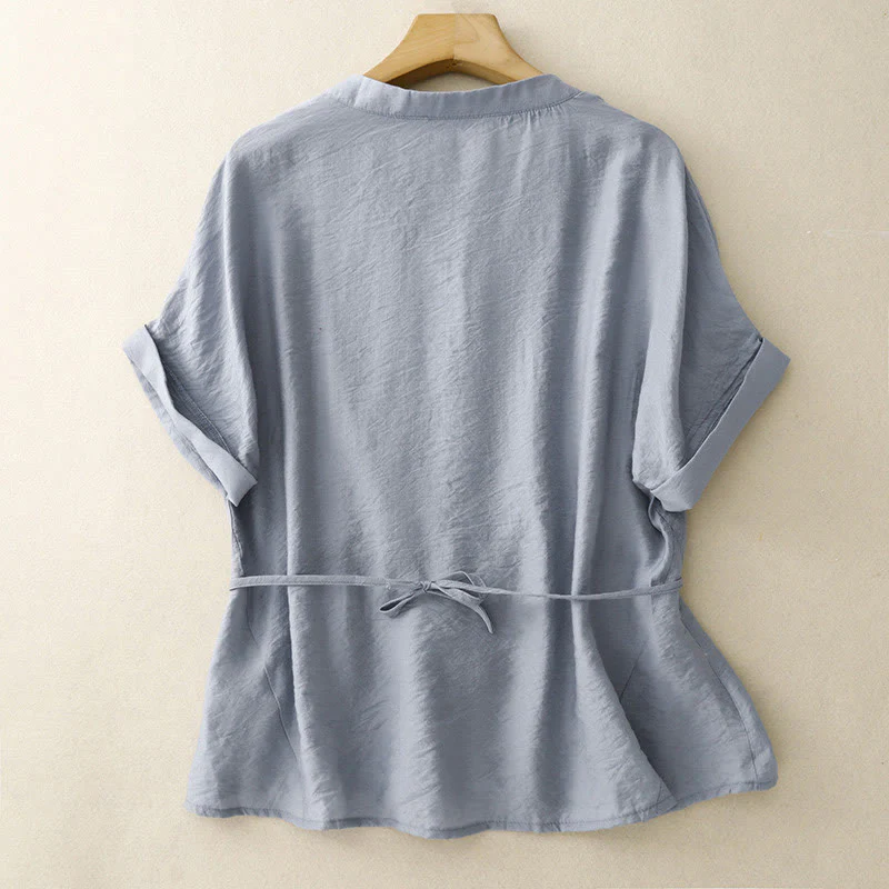 Buddha Stones Camicia estiva da donna in cotone a maniche corte con bottoni e lacci - Image 2