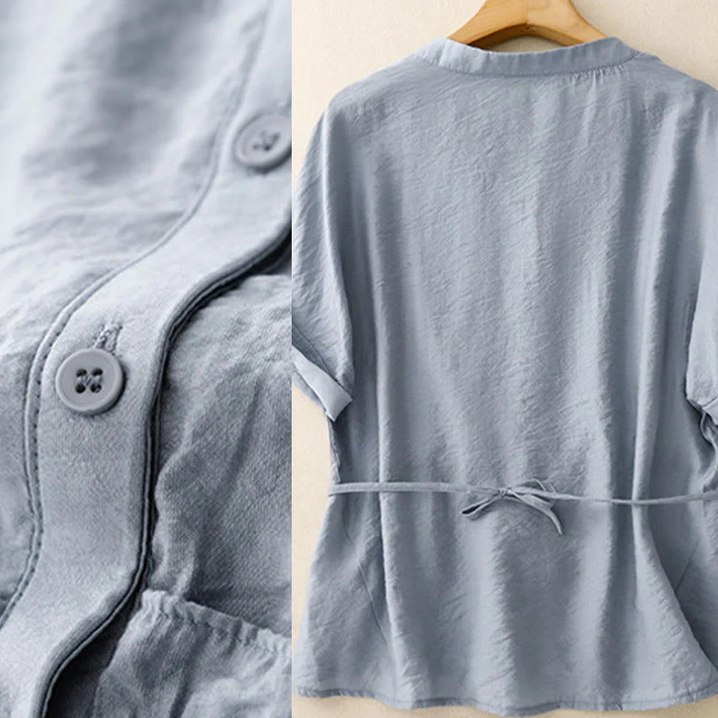 Buddha Stones Camicia estiva da donna in cotone a maniche corte con bottoni e lacci - Image 3