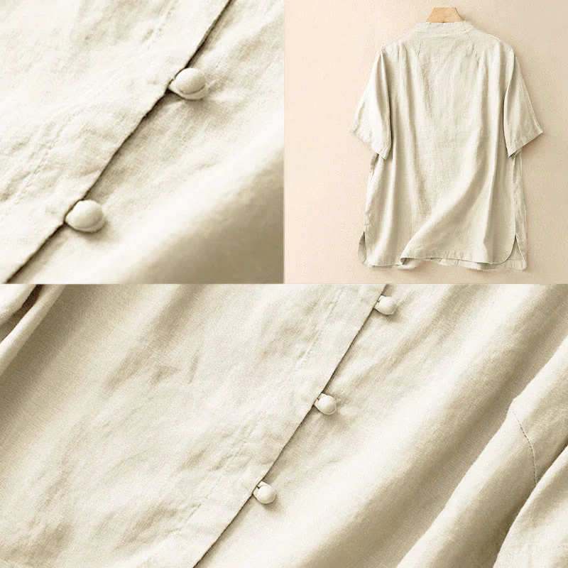 Buddha Stones Camicia estiva da donna in cotone a maniche corte con colletto rialzato, spacchi laterali e bottoni a rana - Image 5