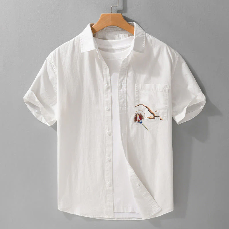 Buddha Stones Camicia estiva da uomo in cotone a maniche corte con ricamo di uccelli e bottoni decorativi