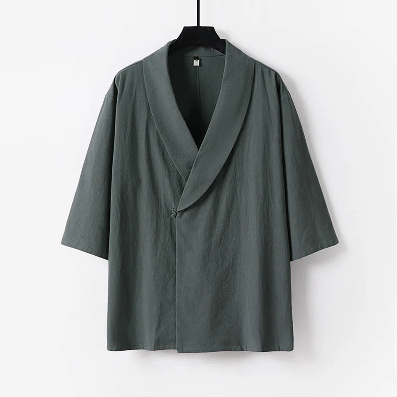 Buddha Stones Camicia estiva da uomo in cotone e lino con scollo a V e risvolto, manica corta