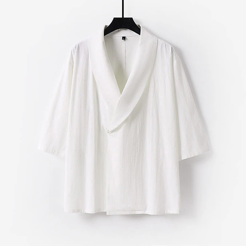 Buddha Stones Camicia estiva da uomo in cotone e lino con scollo a V e risvolto, manica corta - Image 10