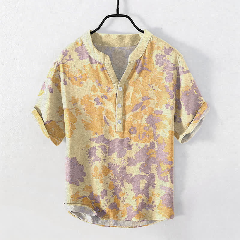 Buddha Stones Camicia Henley da uomo a maniche corte con bottoni a metà, in cotone e stampa floreale acquerellata. - Image 4