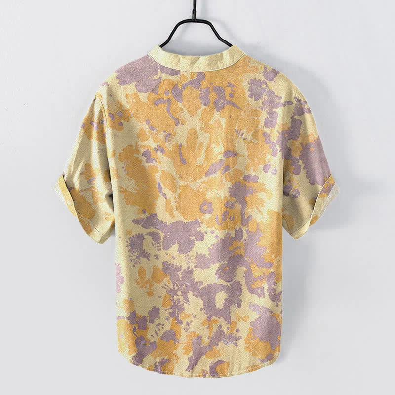 Buddha Stones Camicia Henley da uomo a maniche corte con bottoni a metà, in cotone e stampa floreale acquerellata. - Image 5