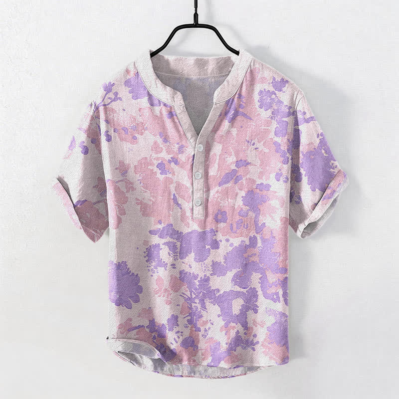 Buddha Stones Camicia Henley da uomo a maniche corte con bottoni a metà, in cotone e stampa floreale acquerellata. - Image 6