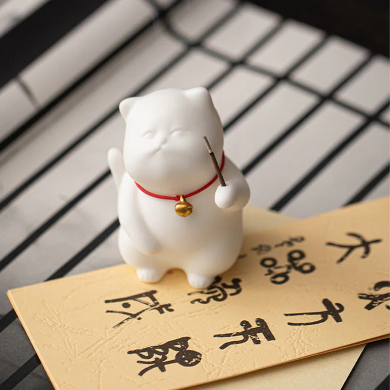 Buddha Stones Campana di gatto Tappetino di bambù Bruciatore di incenso in ceramica curativo Decorazione da scrivania - Image 6