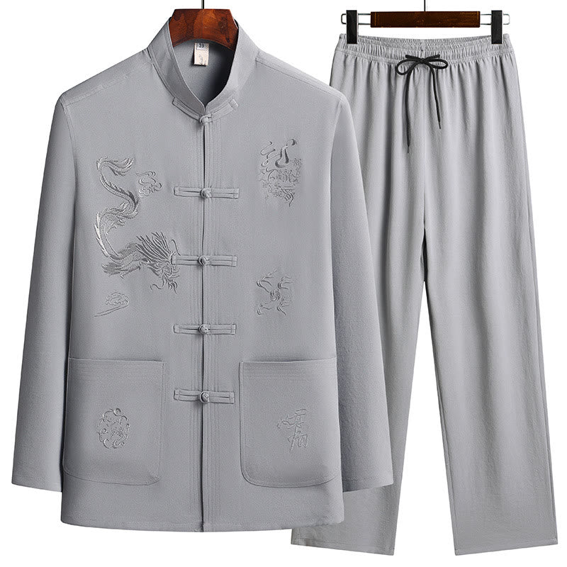 Buddha Stones Capodanno cinese Drago ricamato Rana-bottoni Tang Suit Hanfu Manica lunga Top Pantaloni Abbigliamento Uomo Set - Image 11