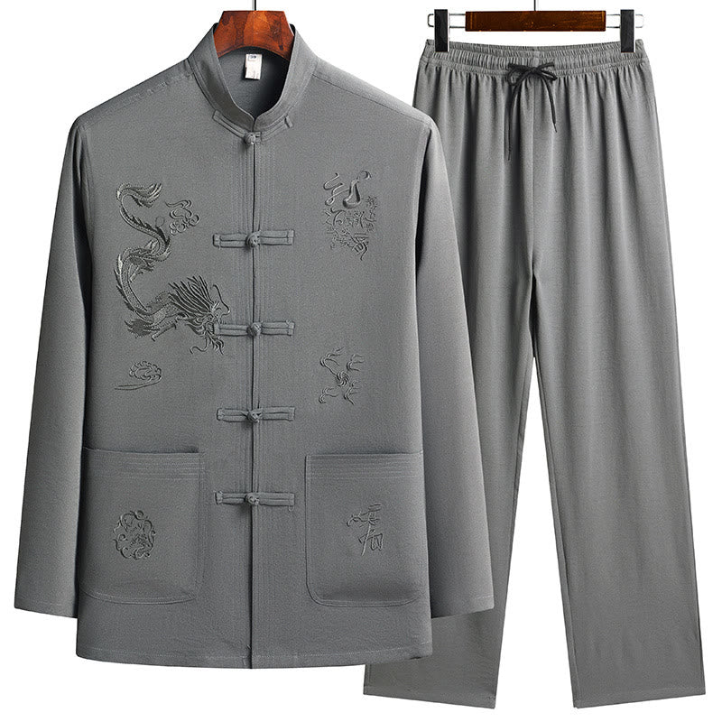 Buddha Stones Capodanno cinese Drago ricamato Rana-bottoni Tang Suit Hanfu Manica lunga Top Pantaloni Abbigliamento Uomo Set - Image 16