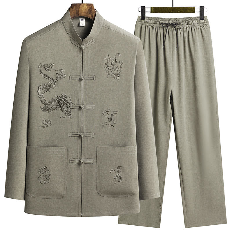 Buddha Stones Capodanno cinese Drago ricamato Rana-bottoni Tang Suit Hanfu Manica lunga Top Pantaloni Abbigliamento Uomo Set - Image 20