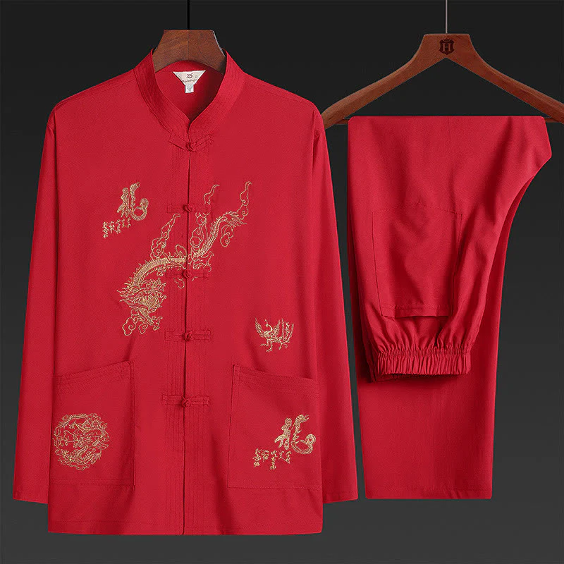 Buddha Stones Capodanno cinese Drago ricamato Rana-bottoni Tang Suit Hanfu tradizionale uniforme Top manica lunga Pantaloni Abbigliamento Uomo Set