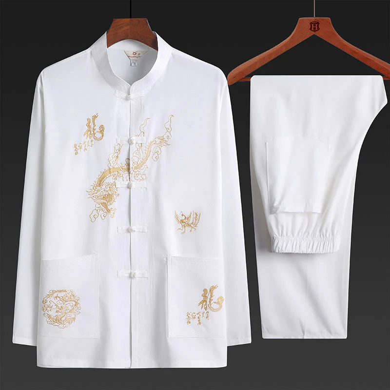 Buddha Stones Capodanno cinese Drago ricamato Rana-bottoni Tang Suit Hanfu tradizionale uniforme Top manica lunga Pantaloni Abbigliamento Uomo Set - Image 2
